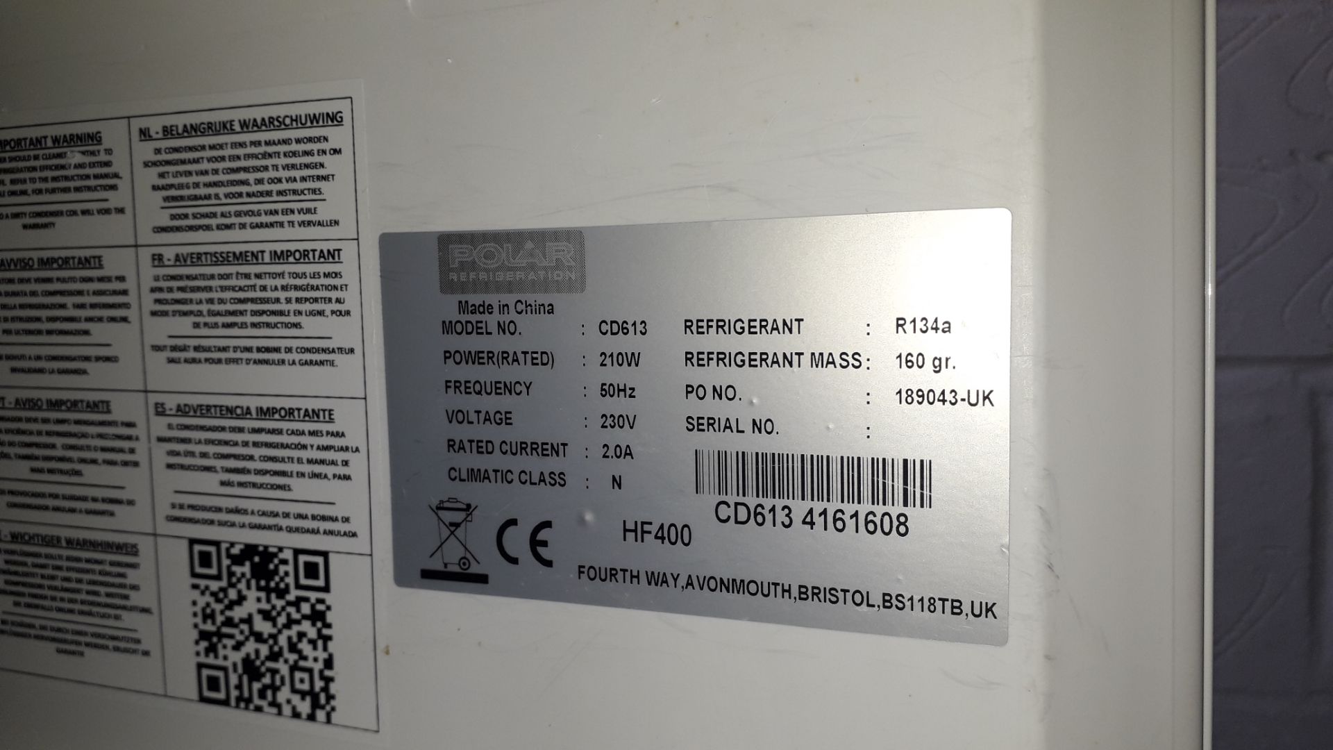 Polar CD613 Single Door 365Ltr Upright Freezer Serial Number 416108 1800 x 600. Located at Fresco' - Image 3 of 3