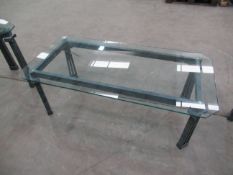 Glass top metal framed coffee table and two lamp tables set