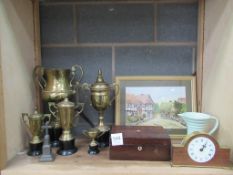 Shelf to contain various Brass Trophies, Wall Picture, Clock etc