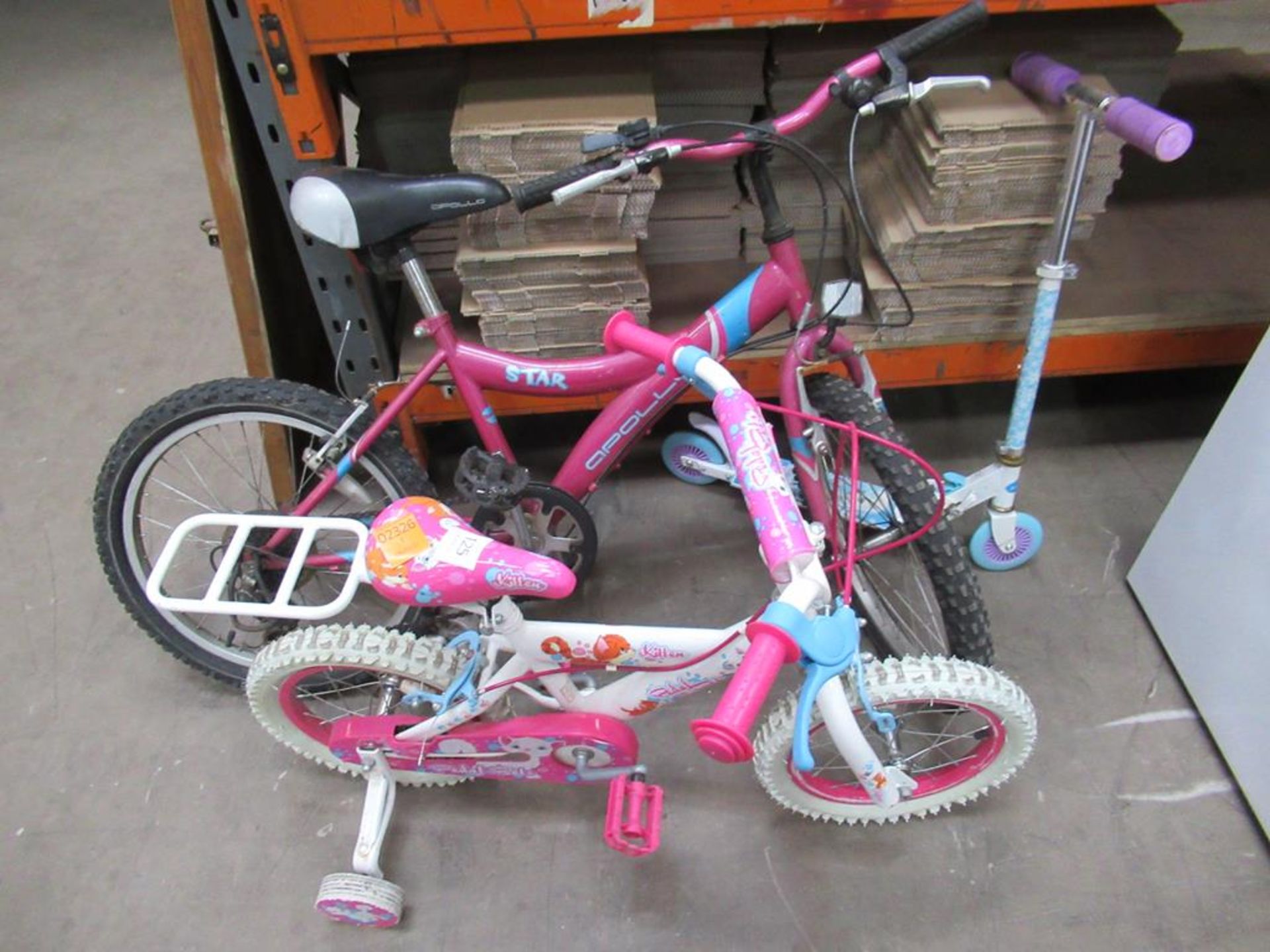 Two kids bikes and scooter