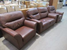 G-Plan Brown leather effect 3 piece set to include double seater sofa and two chairs