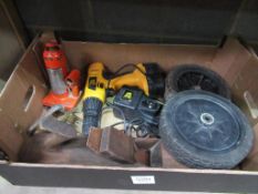 Box to contain Cordless JCB Drill, 1,500KG Car Jacks, Pair of Wheels etc