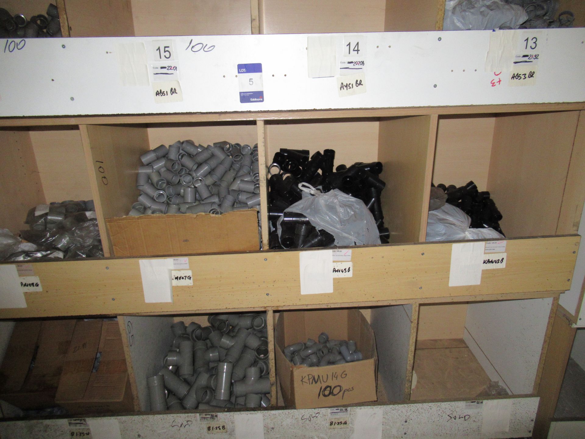 Contents to Wood Storage Unit to include Various Plastic Fittings and Clips e.g. Y Branch Tee, - Image 4 of 4