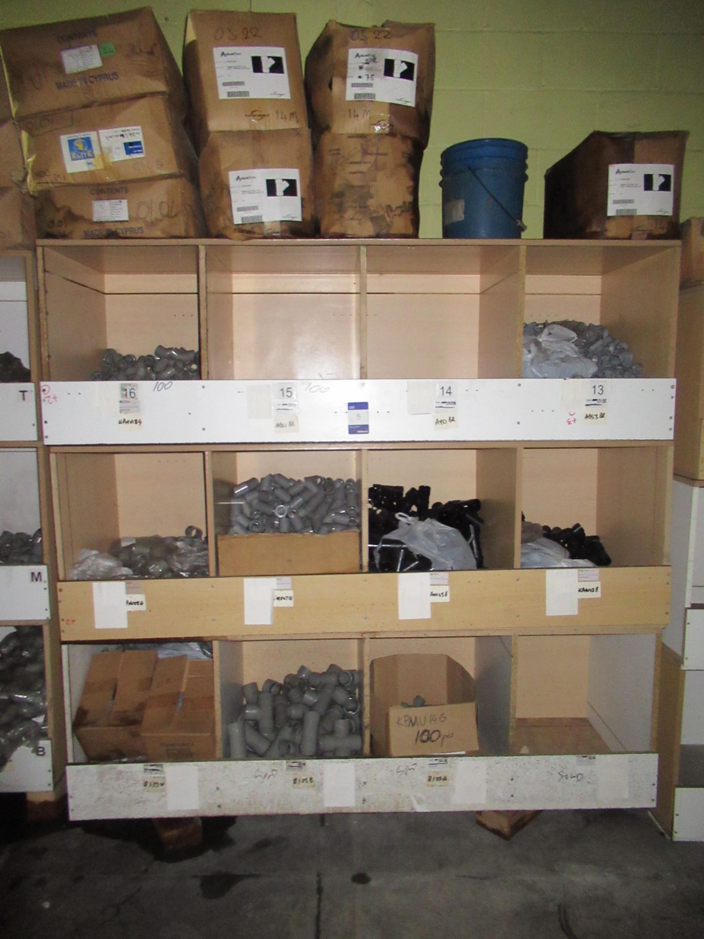 Contents to Wood Storage Unit to include Various Plastic Fittings and Clips e.g. Y Branch Tee,