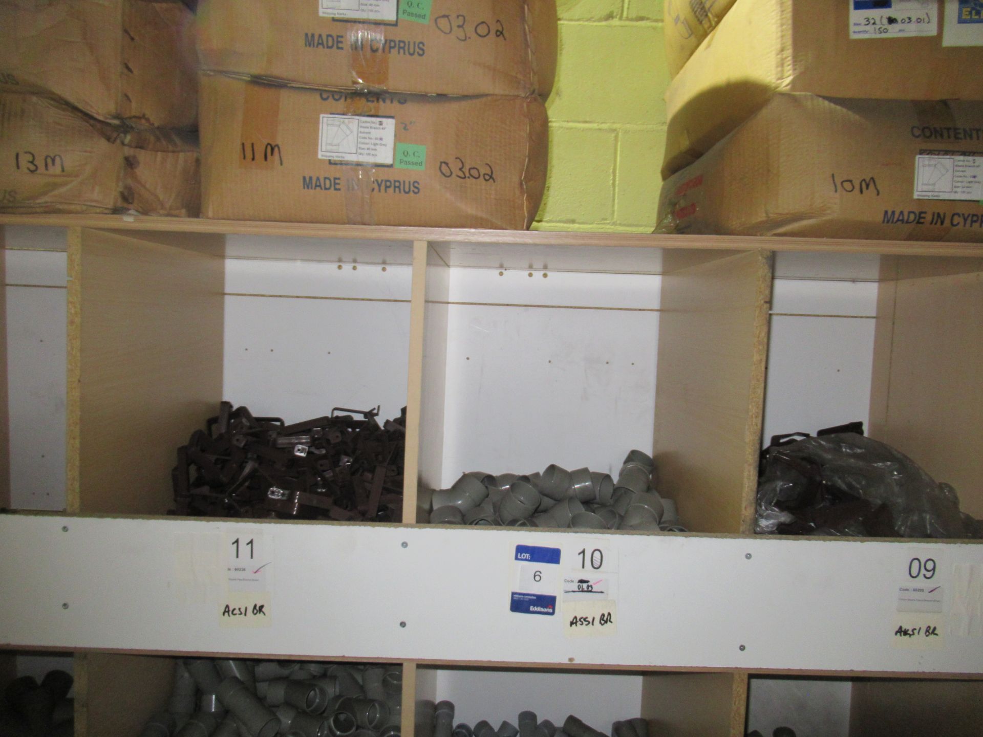 Contents to Wood Storage Unit to include Various Plastic Fittings and Clips, e.g. Square Pipe - Image 3 of 5