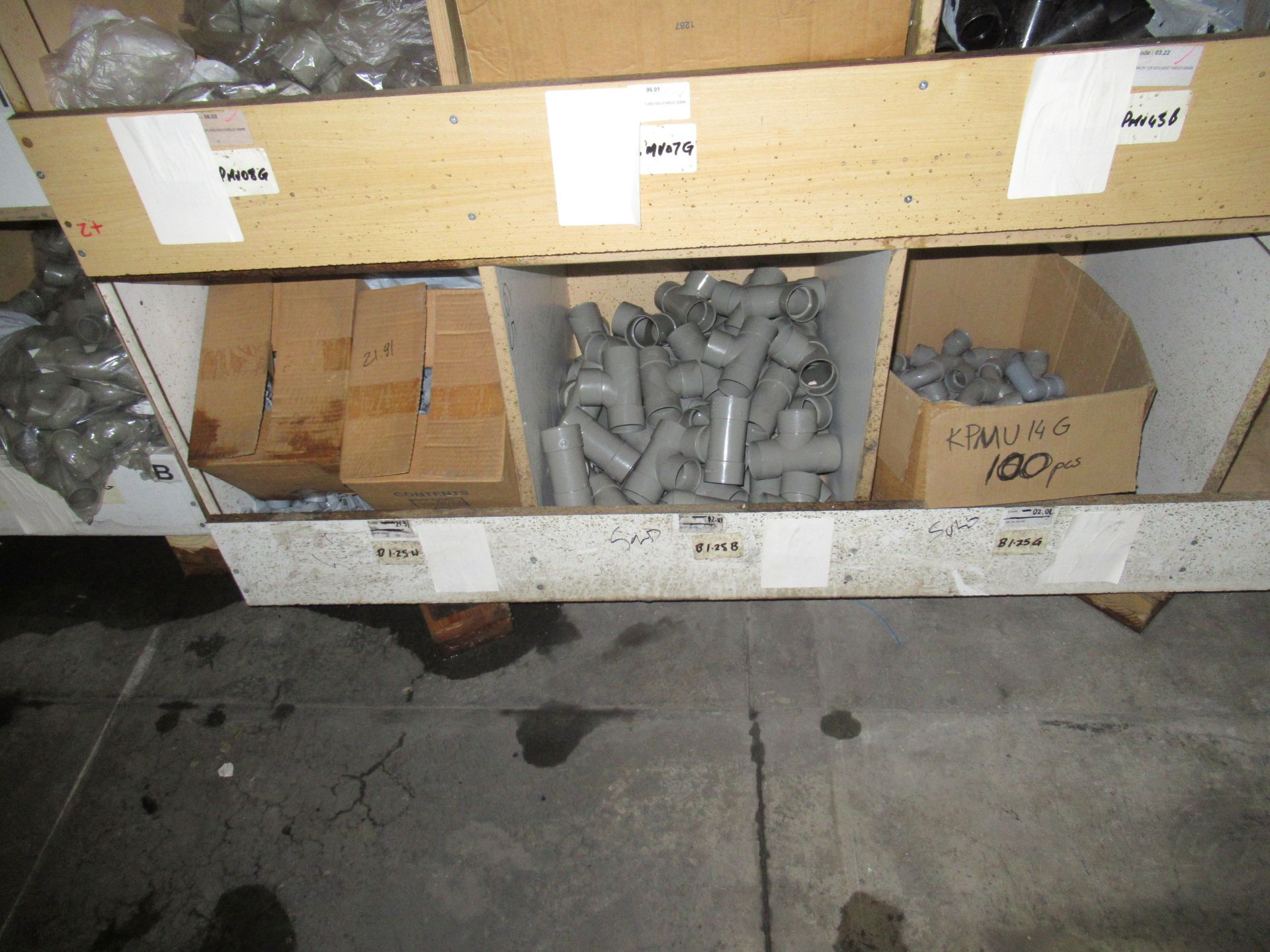 Contents to Wood Storage Unit to include Various Plastic Fittings and Clips e.g. Y Branch Tee, - Image 3 of 4