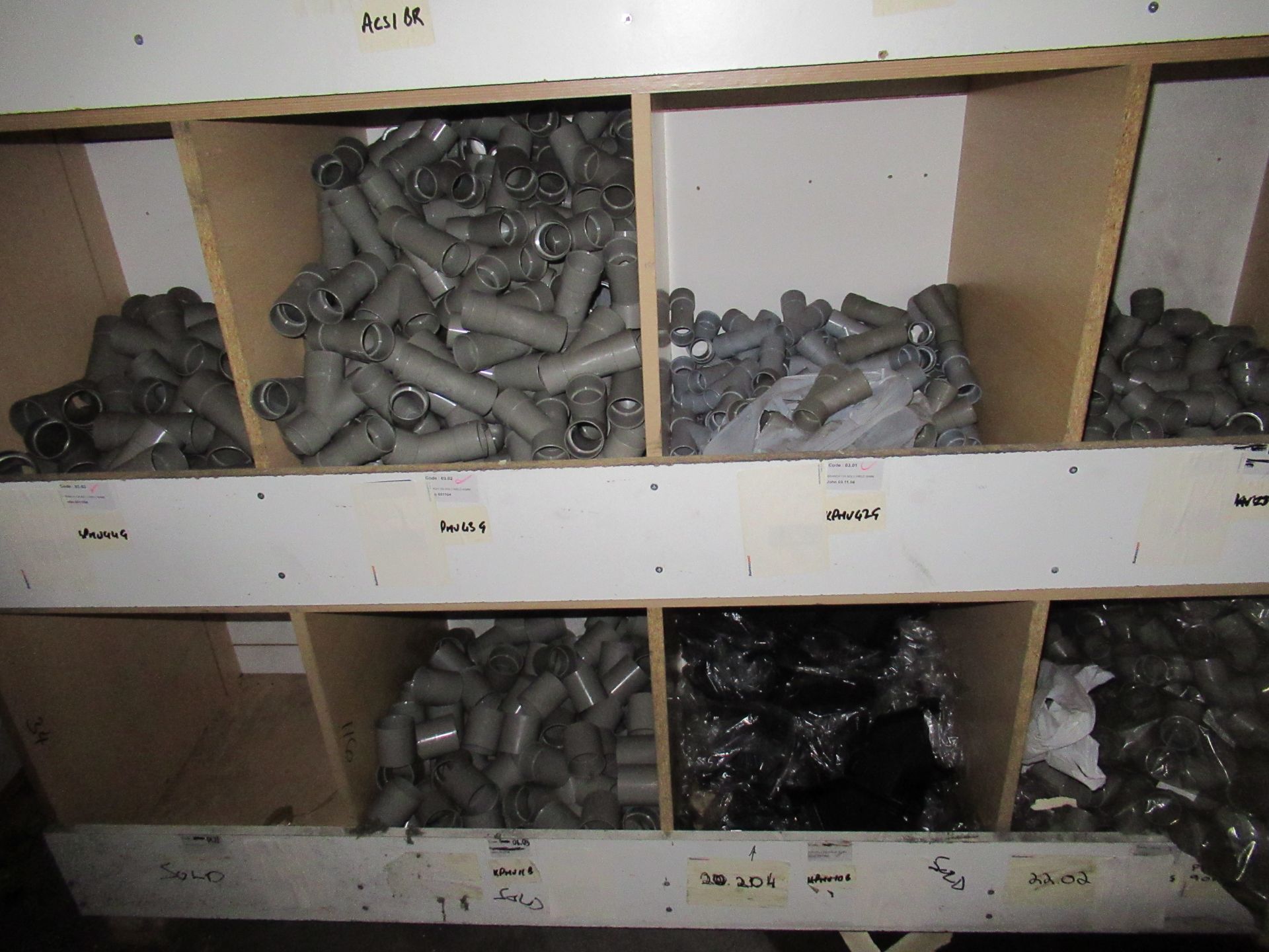 Contents to Wood Storage Unit to include Various Plastic Fittings and Clips, e.g. Square Pipe - Image 4 of 5