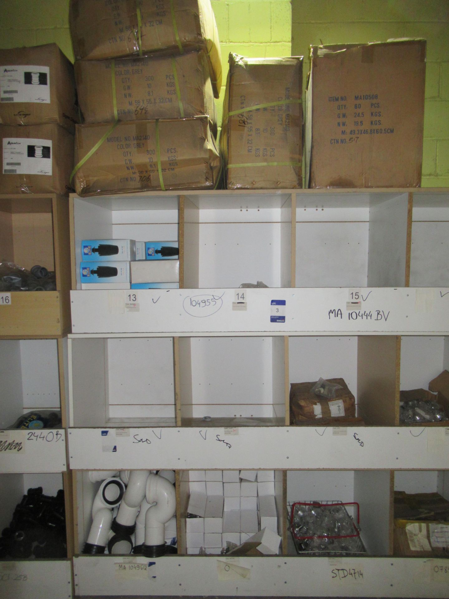 Contents to Wood Storage Unit to include Various Plumbing Fittings including Auto Flushing Syphon