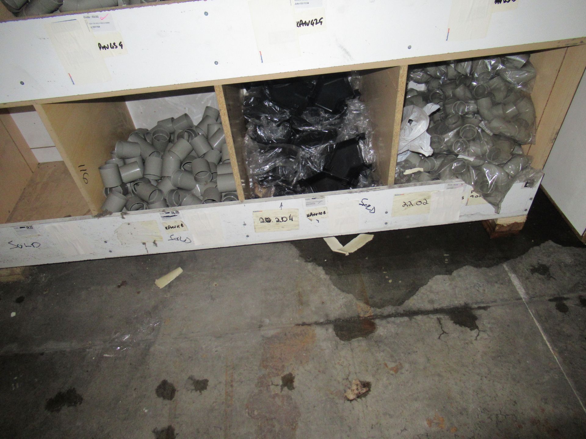 Contents to Wood Storage Unit to include Various Plastic Fittings and Clips, e.g. Square Pipe - Image 5 of 5