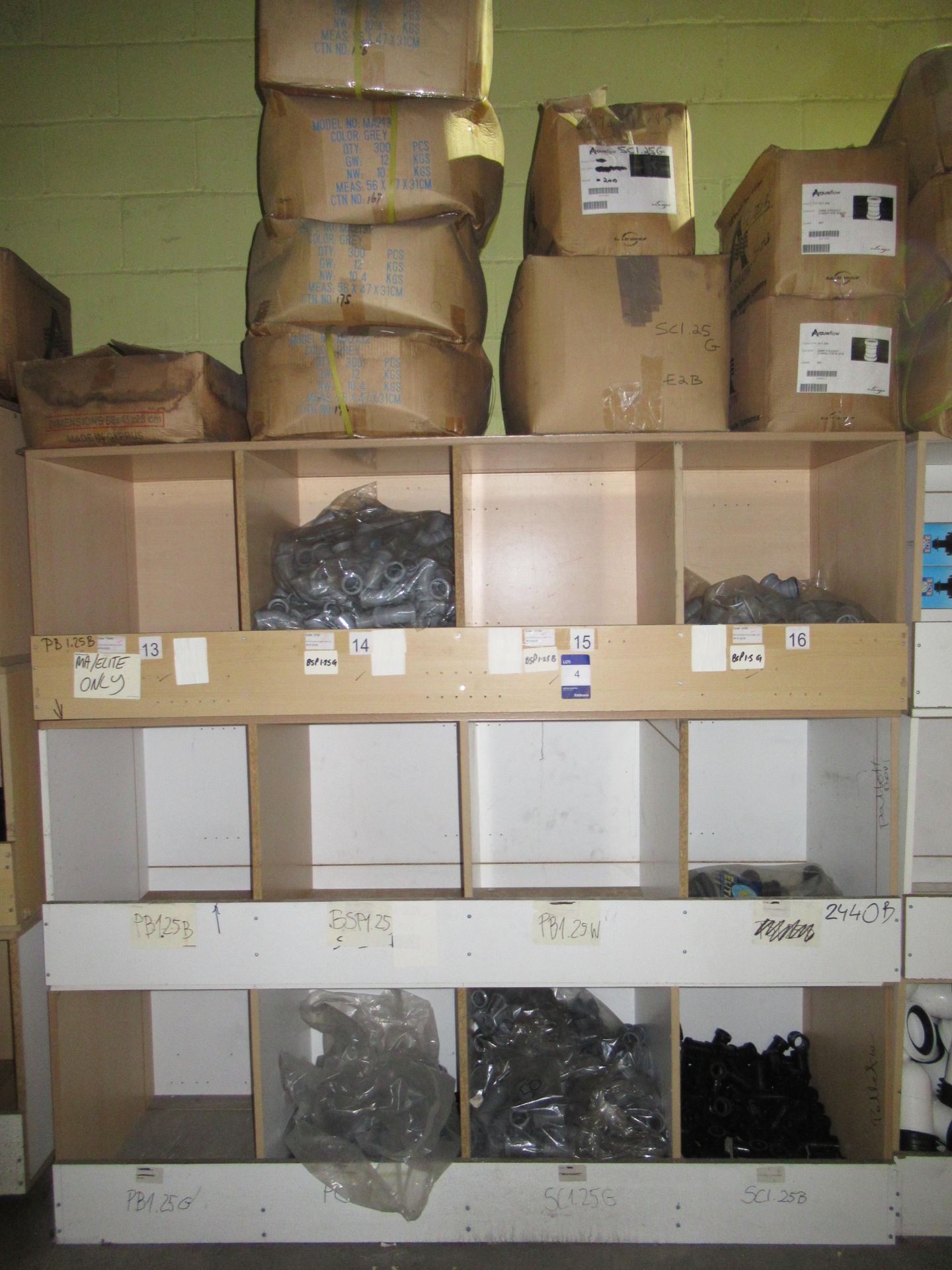 Contents to Wood Storage Unit to include Various Plastic Fittings including 32mm Straight