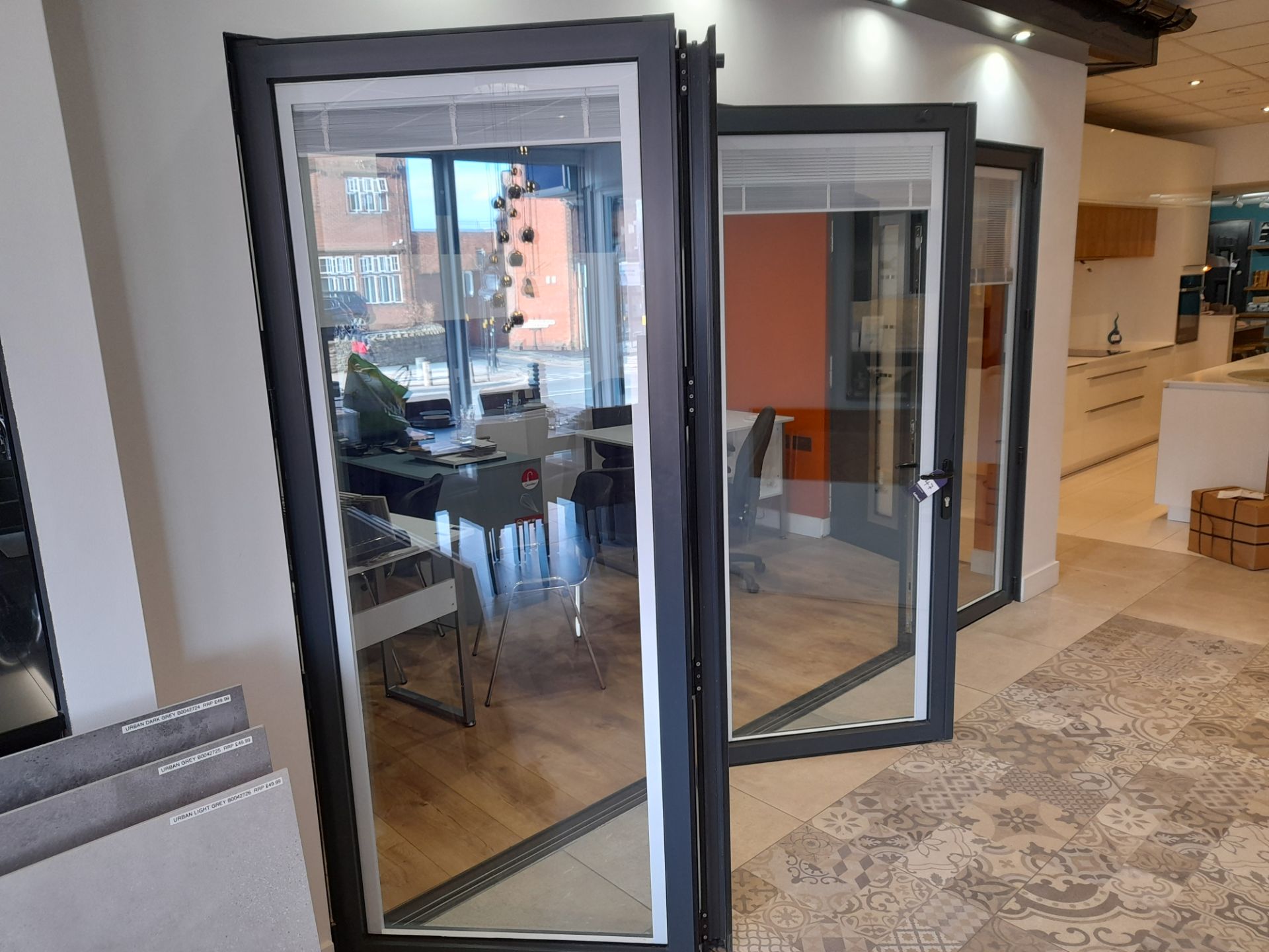 Showroom bi-fold door with integrated blinds, 3575 x 2120 (purchaser responsible to ensure safe