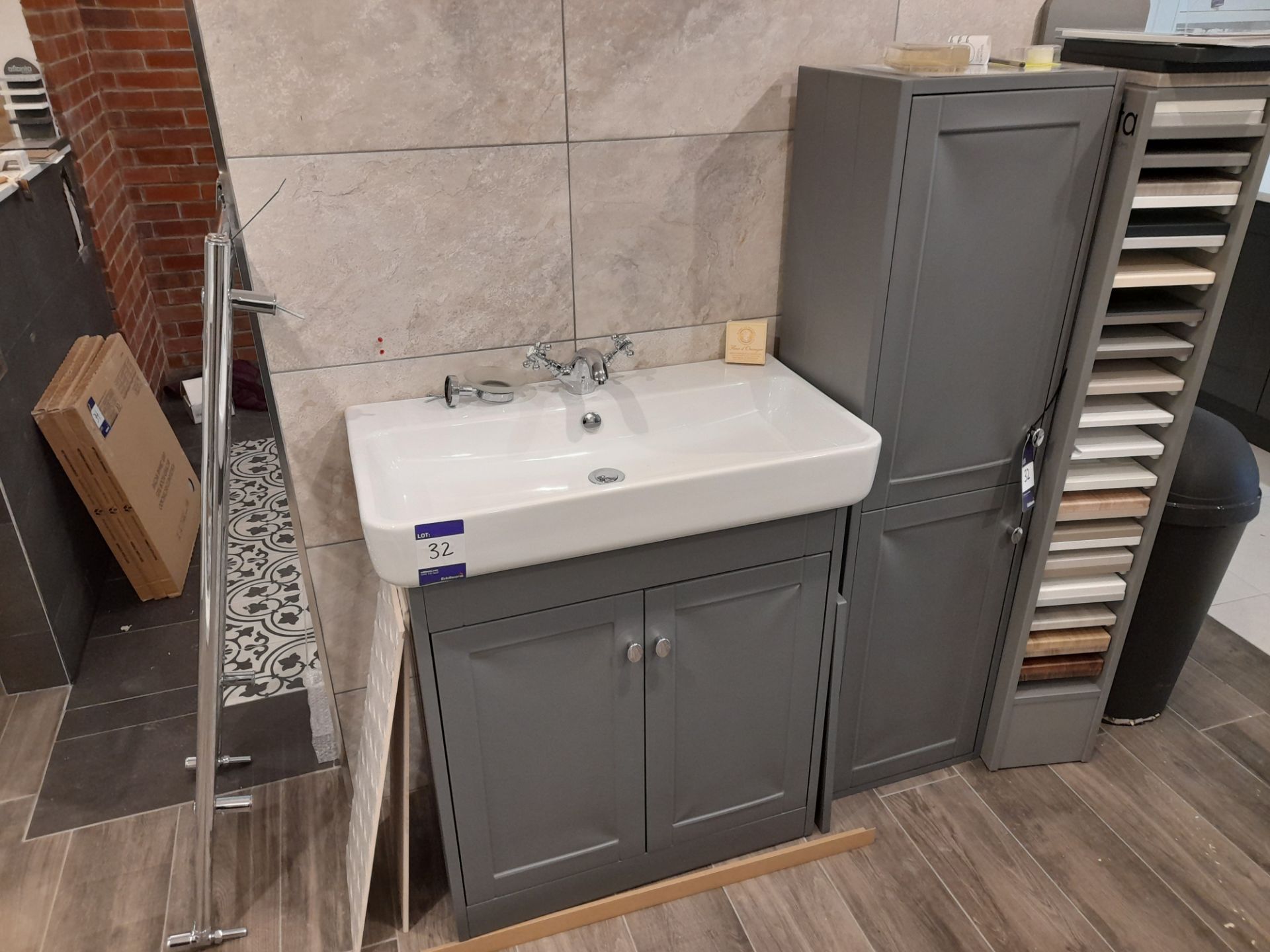 Henbury floor standing vanity unit & basin, with Henbury wall hung storage unit, and Tec studio tap,