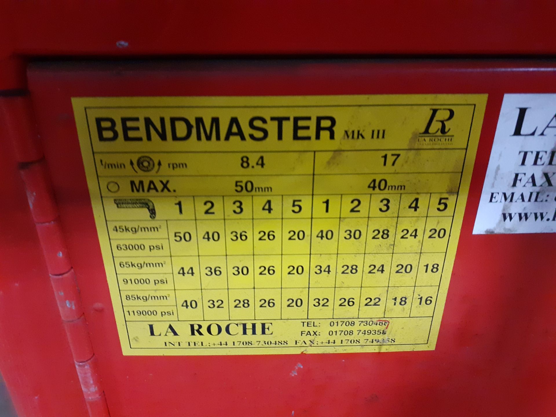 La Roche LR930A Bendmaster MKIII Rebar Bending Machine No. 5618LR930A, 400v, 50Hz with 2 Steel - Image 3 of 4