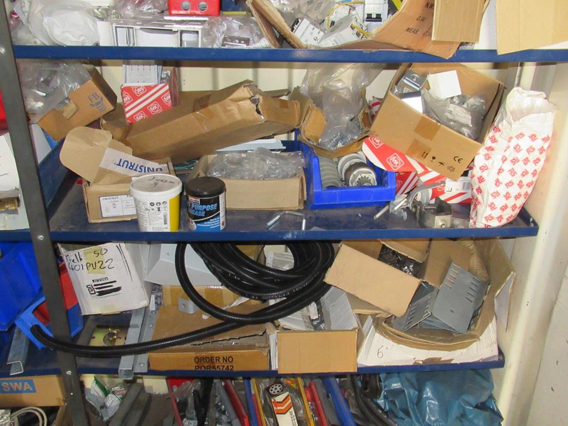 Qty of Metal Shelving and content of shelving to include various electrical spare parts, cable sleev - Image 4 of 9