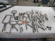 Qty of various metalworking clamps.