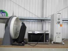 Lot to contain DeLonghi Heater, Microwave, Akai Tv and 240V Fan