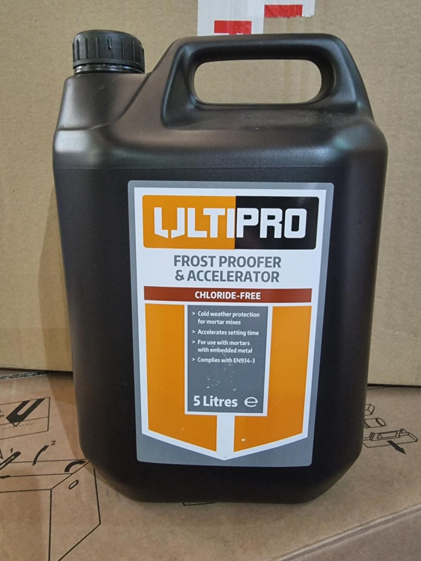 PALLET OF 150 NEW 5L ULTIPRO FROST PROOFER & ACCELERATOR. COLD WEATHER PROTECTION FOR MORTAR MIXES -