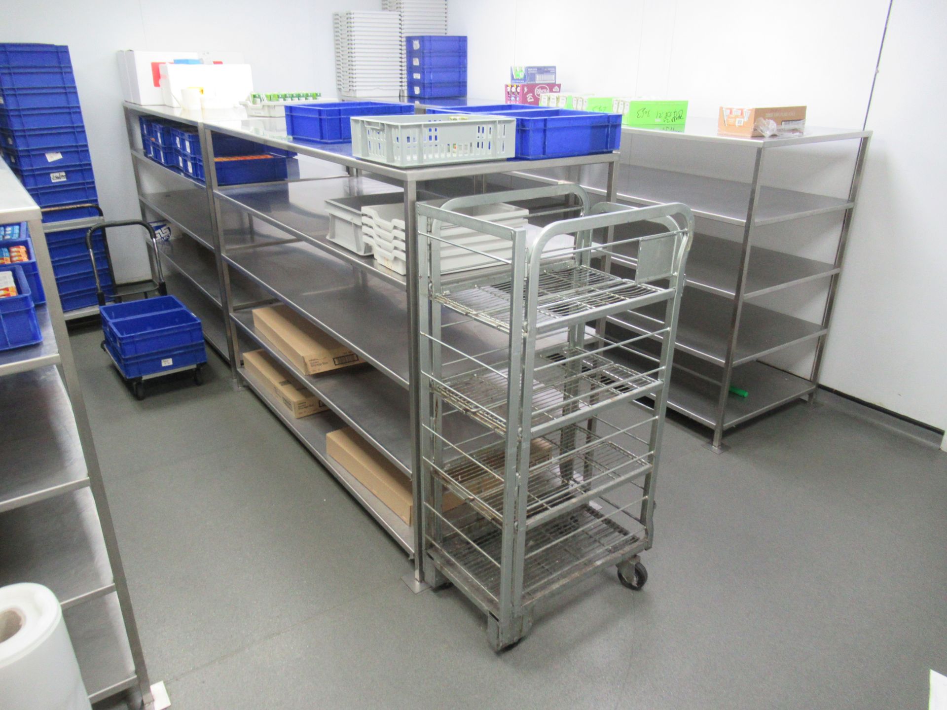 Content of Microbiology Lab Stores to include 6 x s/s 4-tier Shelving Units, Qty of Plastic Boxes an