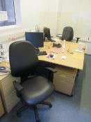 Content of the office to include 2 x L-shaped desks, 2 x mobile chairs, 2 x stools.