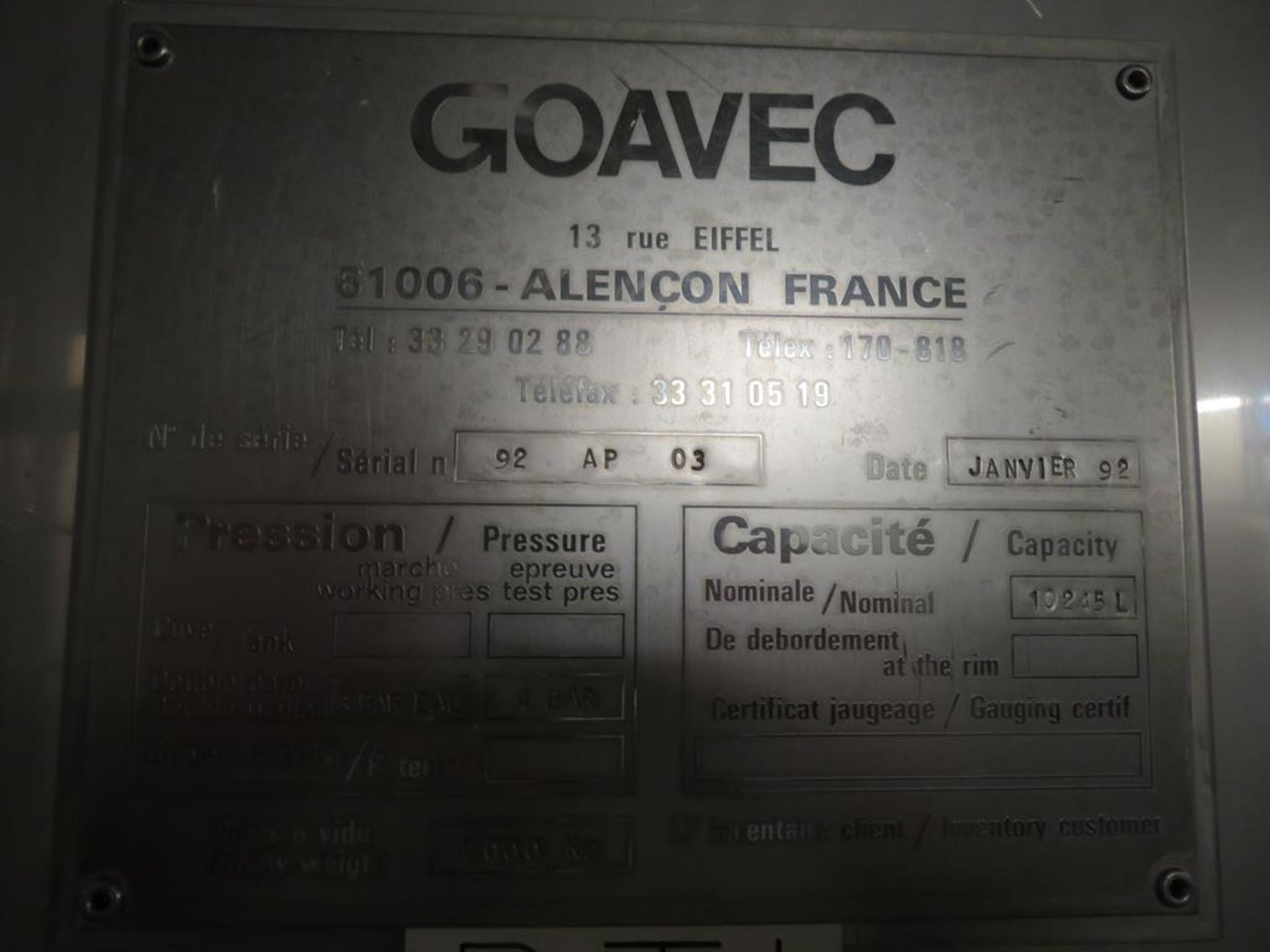 1992 Goavec 10,250 Litre insulated Stainless Steel Tank (BT1) - Image 2 of 7