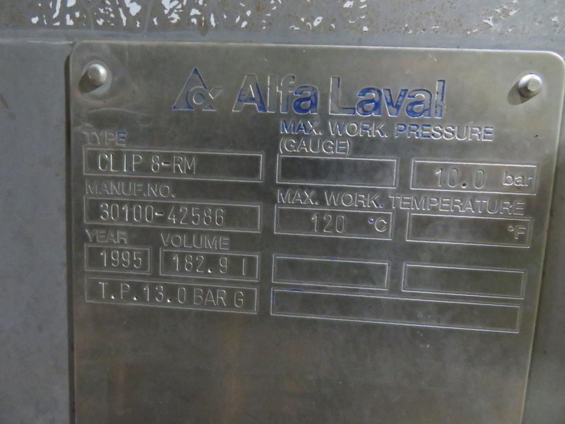 1995 Alfa Laval Clip 8.RM Plate Aseptic Pasteuriser. 1.9m Long Frame and 1.04m of Plates - Image 2 of 3