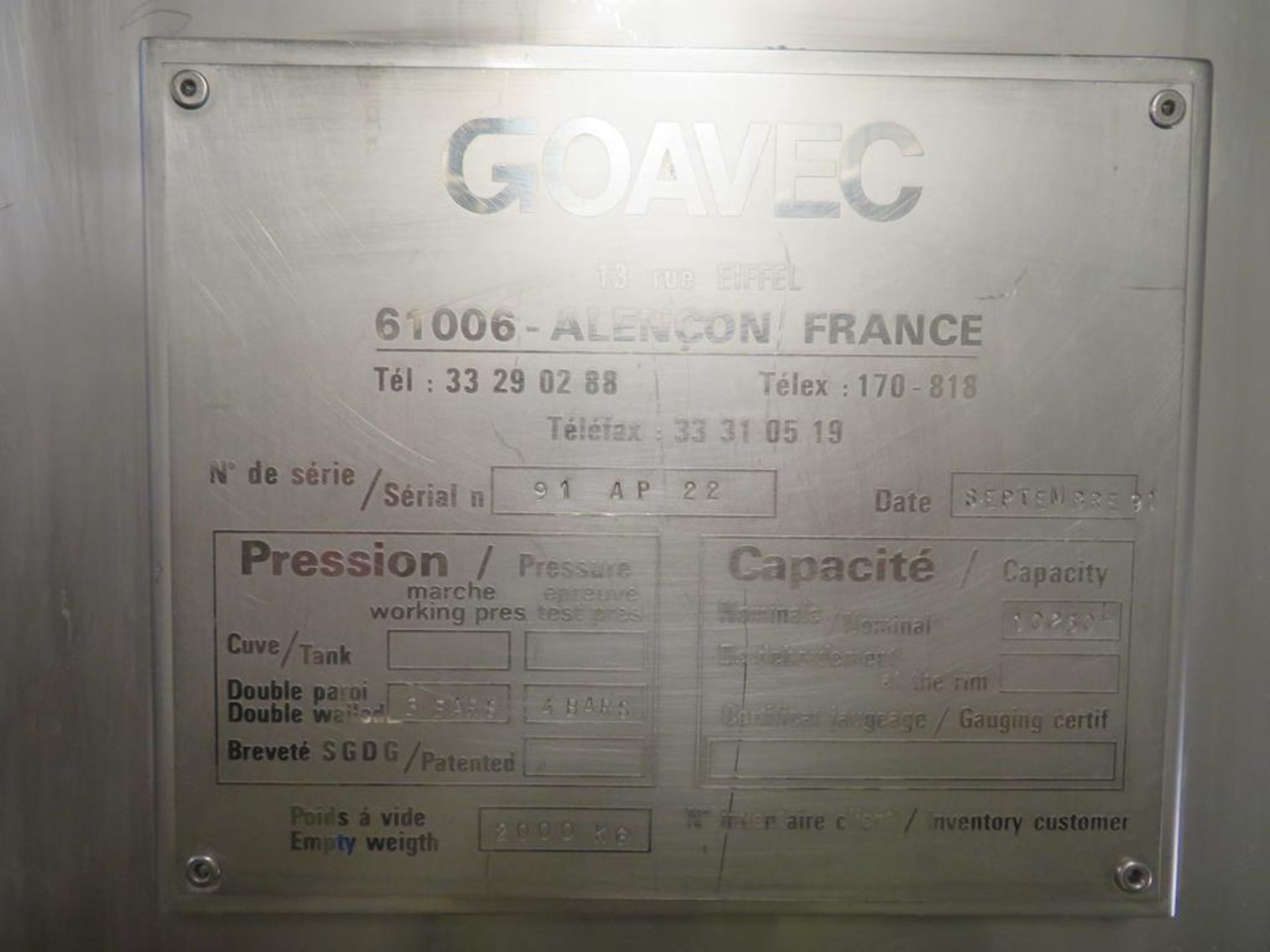 1991 Goavec 10,250 Litre insulated Stainless Steel Tank (AT1) - Image 3 of 9