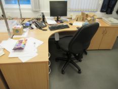 Content of the office desks, 5 x various office desks, 5 x mobile chairs, 2 x tambour fronted cupboa