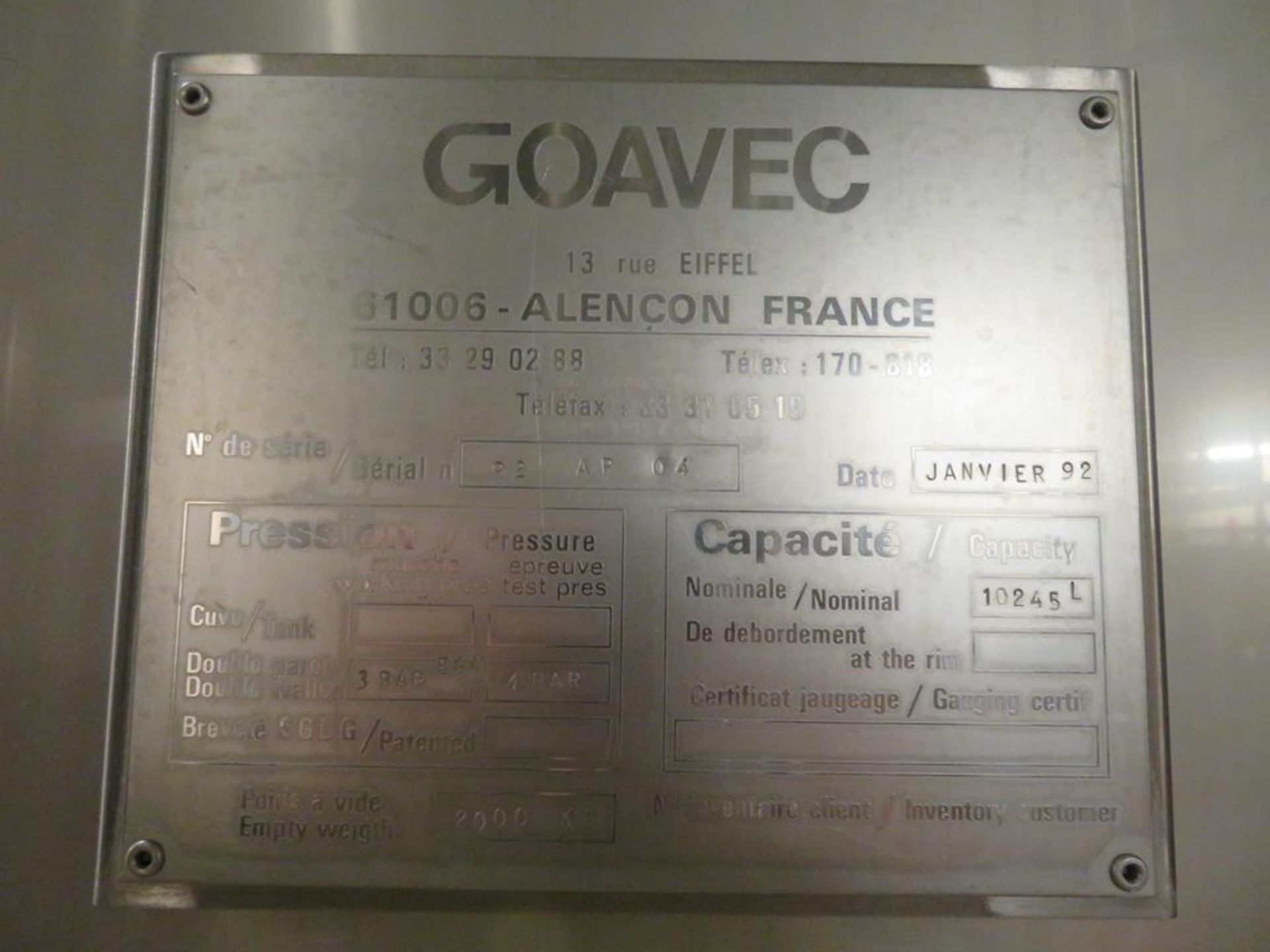 1992 Goavec 10,250 Litre insulated Stainless Steel Tank (BT2) - Image 2 of 7