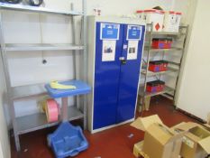 2 x Bays of Boltless Shelving, 2-Door Metal Cupboard and White Display Board.