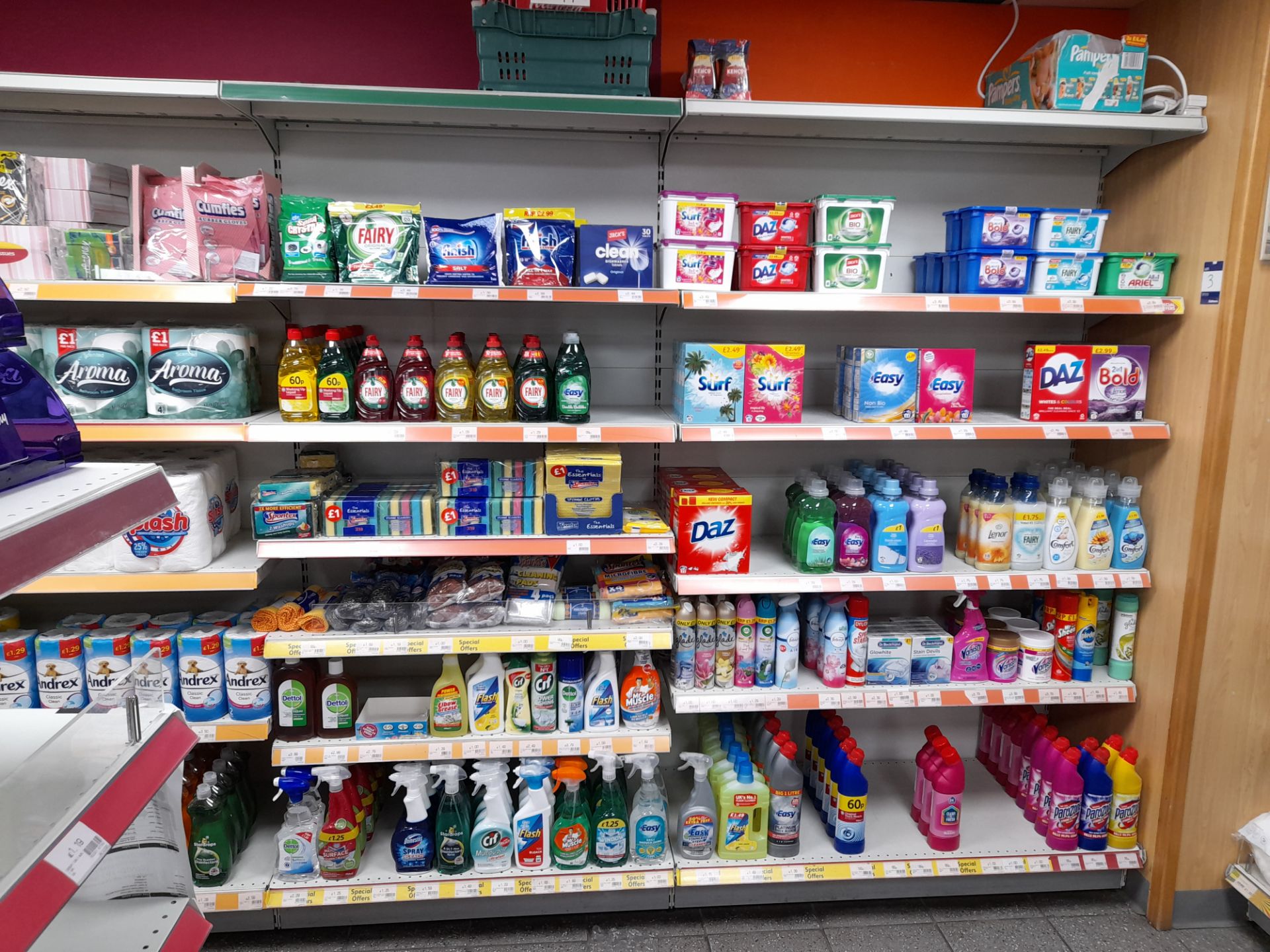 Large quantity of assorted household products to 4 x bays of shop racking, to include toilet