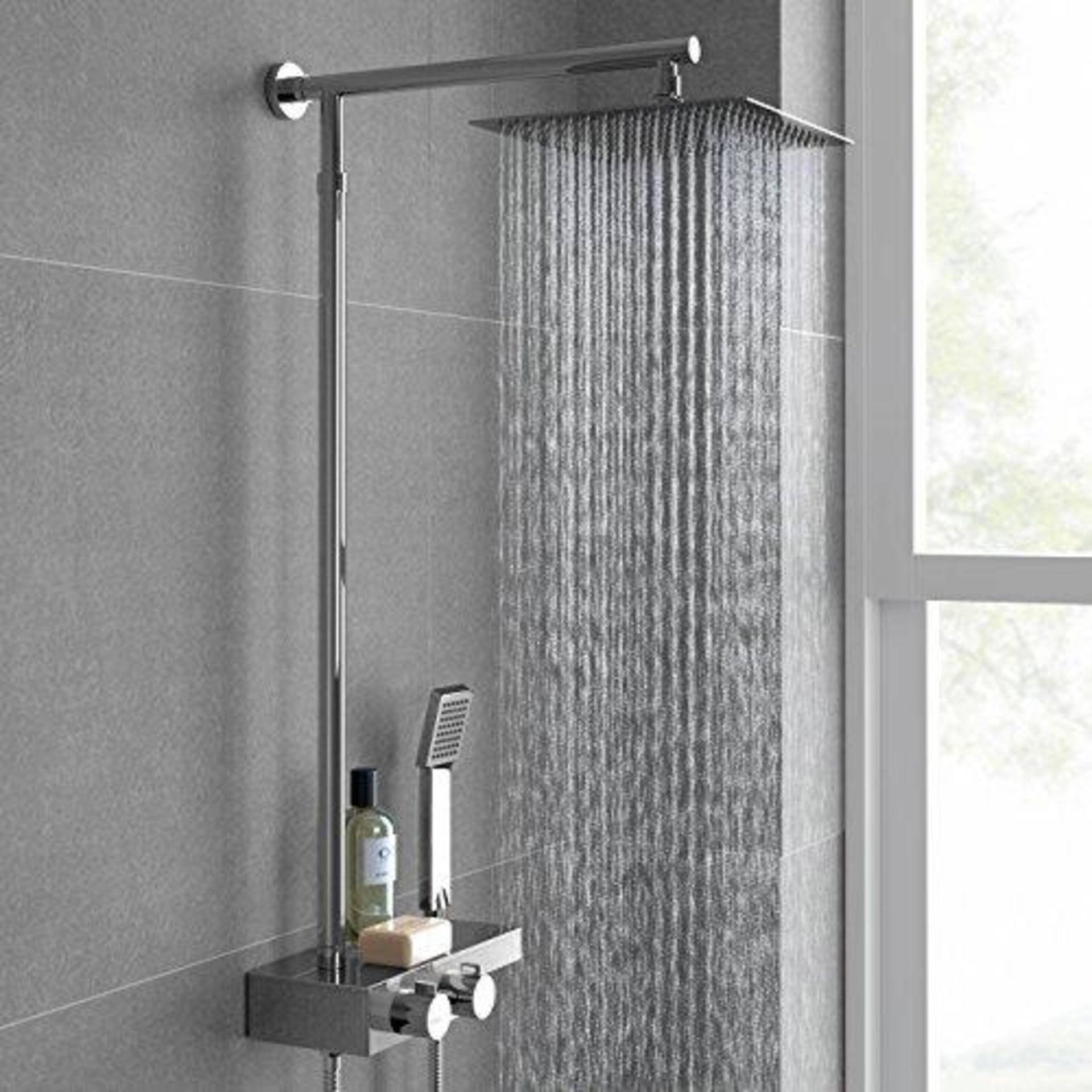 New & Boxed Square Thermostatic Bar Mixer Shower Set Valve With Shelf 10" Head + Handset. RRP £499.