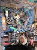 Pallet of assorted 110V powertools (all untested, includes spares/repairs).