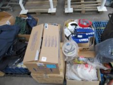 Pallet of PPE including glasses, hardhats, car defenders etc.