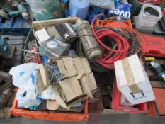 Pallet of assorted items including screws, bolts, extension cable etc.