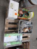 A Pallet to conatin a 12" Fan, A Single Burner Gas BBQ, Copper Items Etc