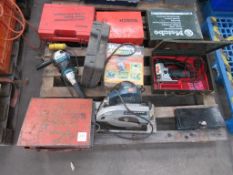 Pallet of boxed tools including jig-saws, grinders, hammer drill etc.