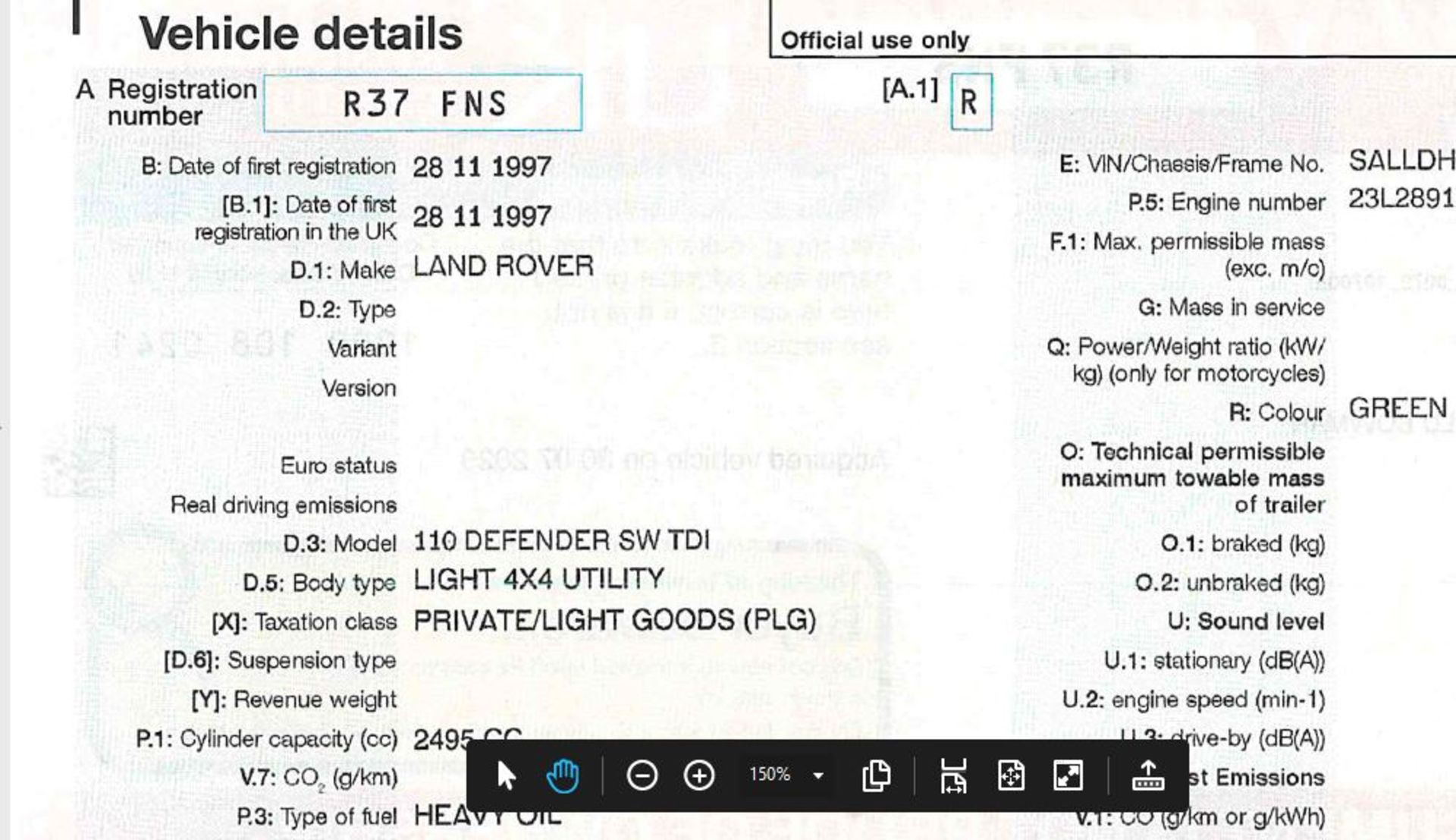 Land Rover Defender 110 Station Wagon, TDI, Light 4x4, Date of Registration 28 November 1997, - Image 18 of 18