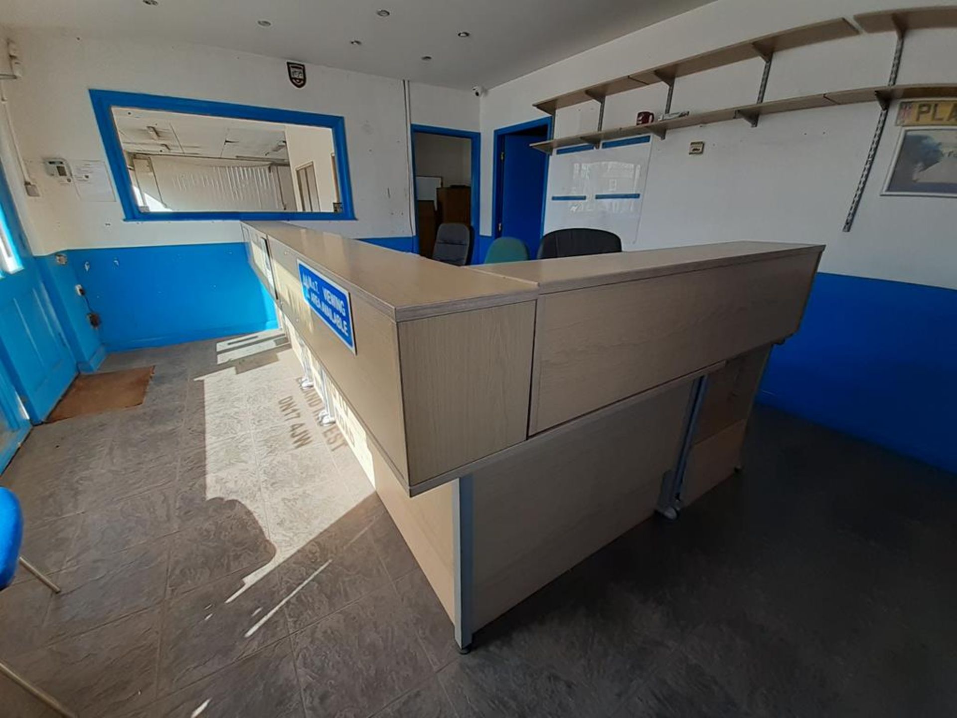 2x L Shaped Reception Desks with 3 x Mobile Office Chairs and Qty of Shelving