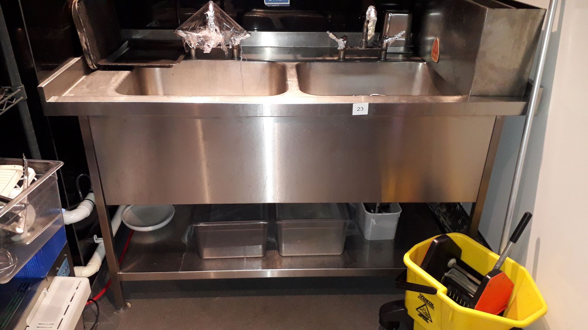 Stainless steel double deep Sink with grease shield GS1850 grease trap, serial number 208492 (2017)
