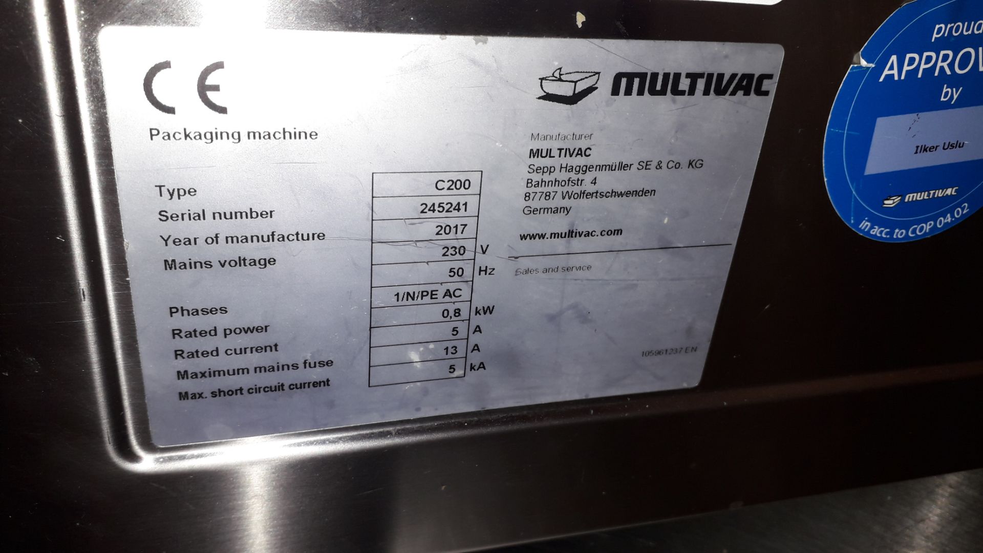 Multivac C200 stainless steel Vacuum Packing Machine, serial number 245241 (2017) - Image 3 of 3