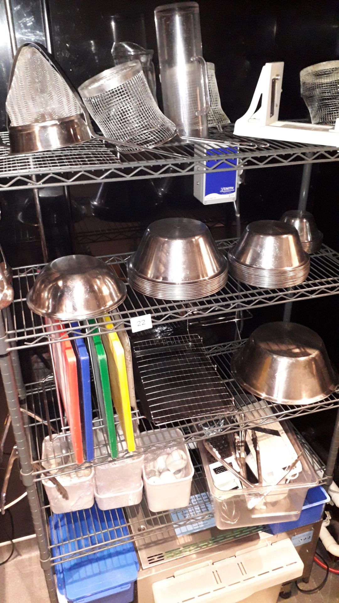 Two Wire Shelving Units, with contents of , stainless steel mixing bowls, utensils etc - Image 3 of 4