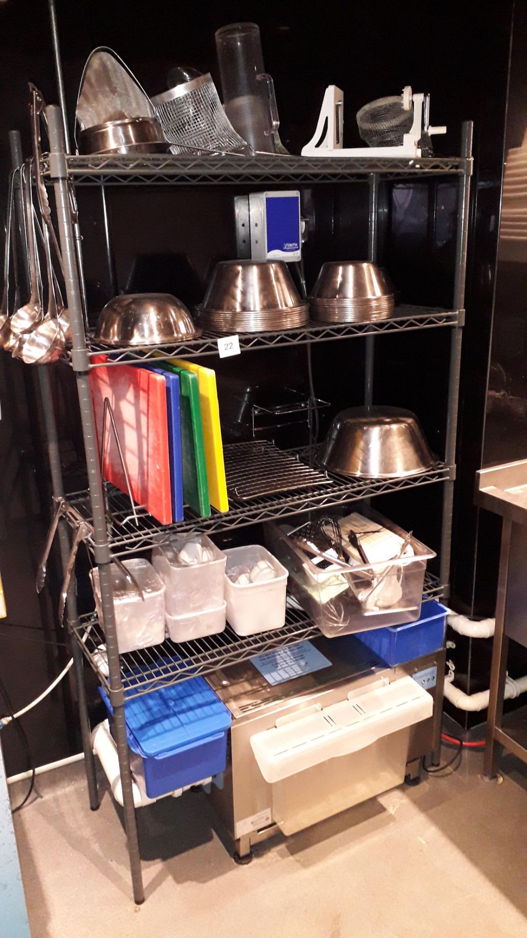 Two Wire Shelving Units, with contents of , stainless steel mixing bowls, utensils etc