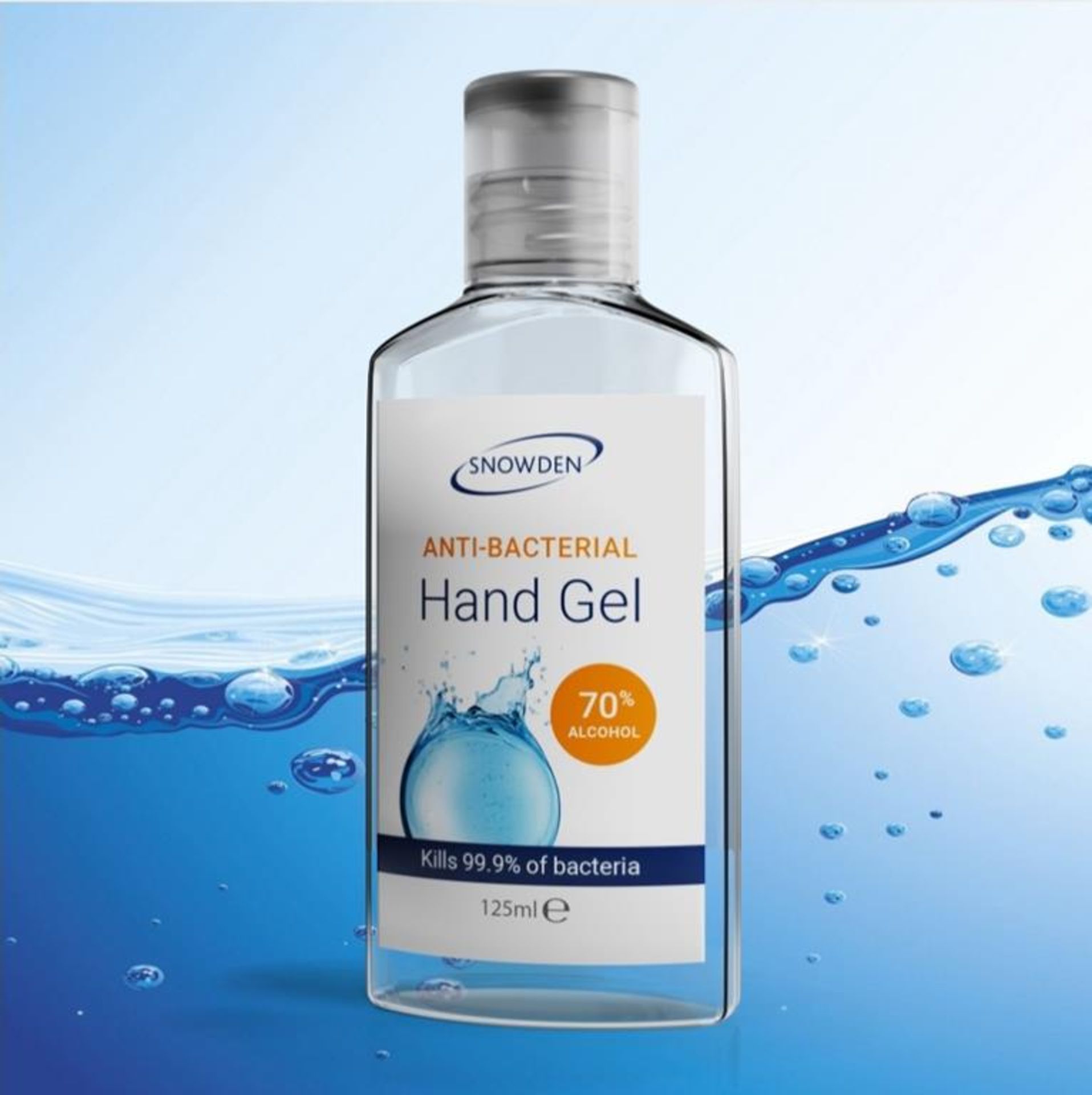 500 bottles of Snowden 125ml 70% alcohol Anti-Bacterial Hand Gel. UK Made; best before date 2023;