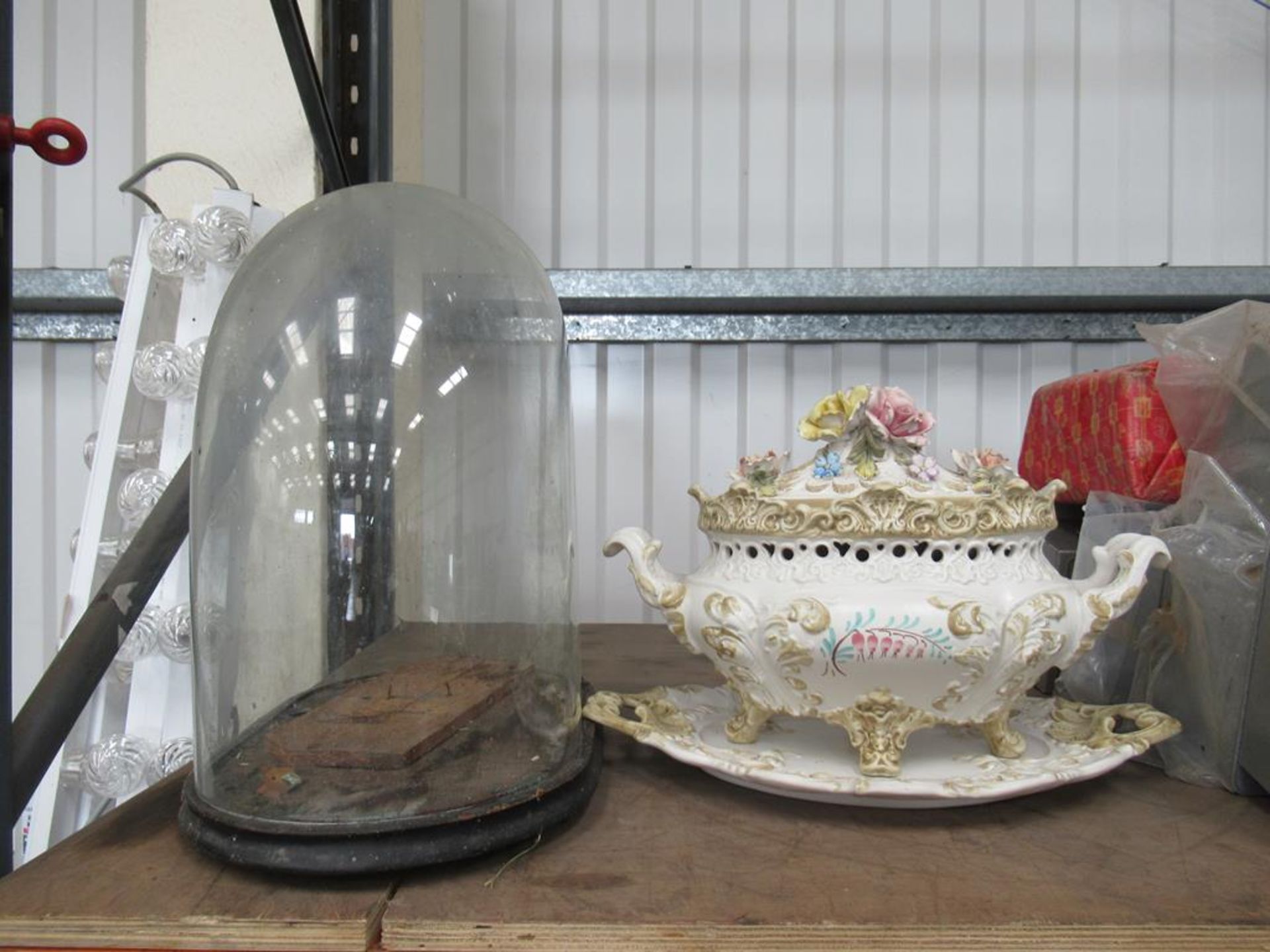 Ornate Vintage Tureen on stand along with Glass Domed Presentation Case