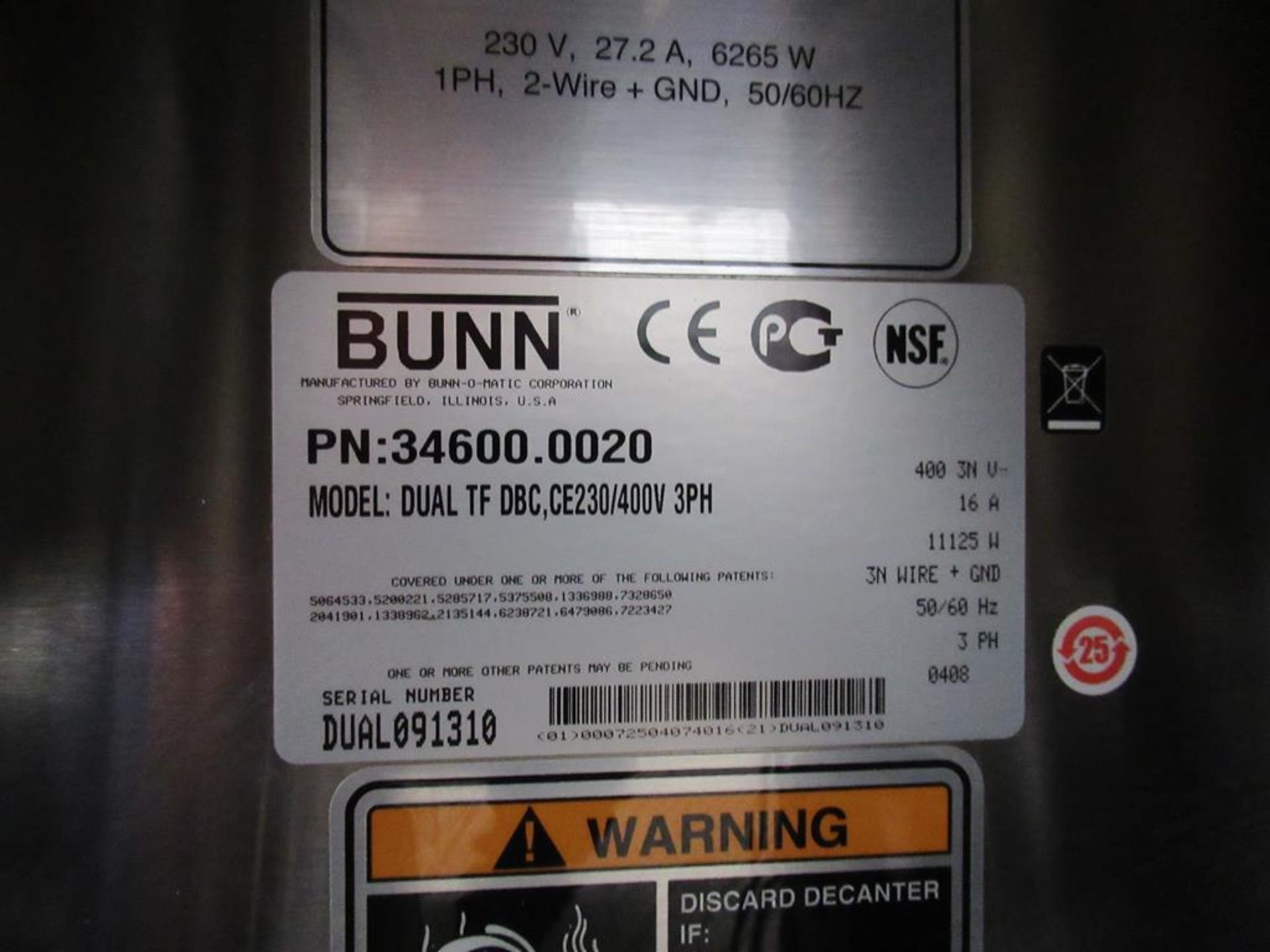 Bunn Dual TF DBC CE230/400V commercial coffee maker S/N DUAL091310 with 2 x Brita water treatment un - Image 6 of 11