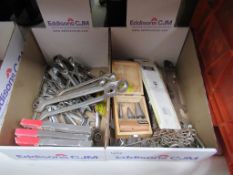 Two Boxes of Assorted Britool and Gedore Spanners, Sandpaper, Screw Drivers, Sockets etc