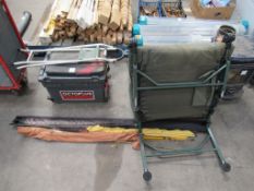Various Fishing Tackle Including Rods, Bed, Reel Tackle Box and Seat