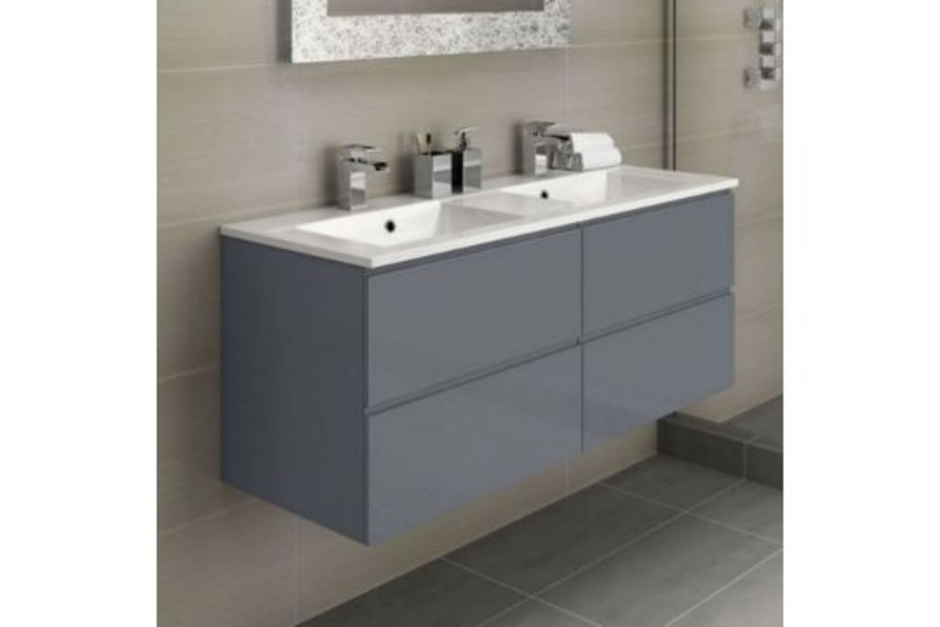 NEW 1200mm Trevia High Gloss Grey Double Basin Cabinet - Wall Hung. Comes complete with basin. - Image 2 of 3