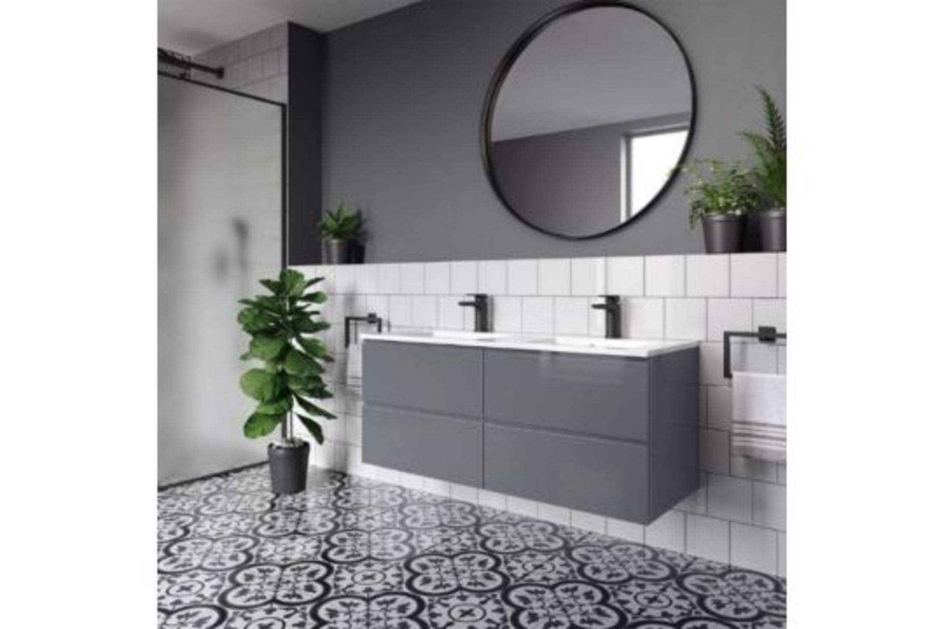 NEW 1200mm Trevia High Gloss Grey Double Basin Cabinet - Wall Hung. Comes complete with basin.