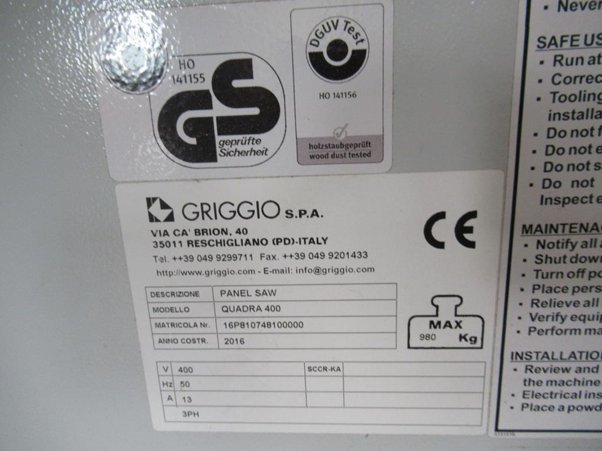 Griggio Quadra 400 3 Phase Panel Saw - Image 12 of 13